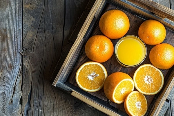 Fototapeta a group of oranges and a glass of juice in a wooden box