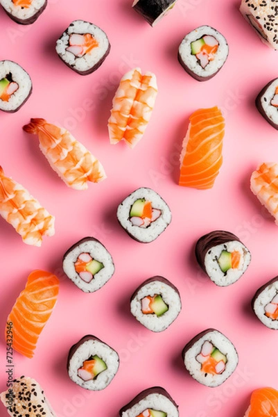 Fototapeta 
beautiful sushi rolls pattern top view isolated on pastel pink background