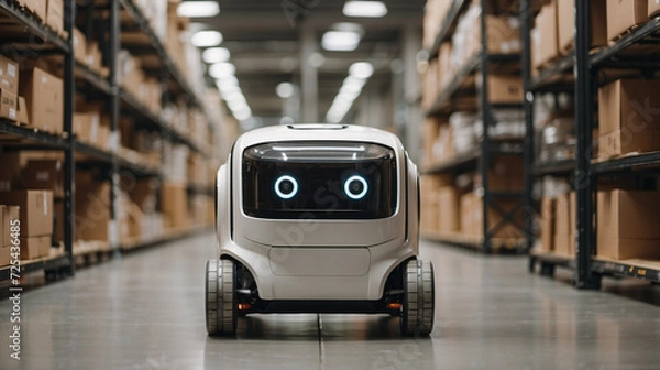 Obraz A robot courier among the racks of cardboard boxes in a modern distribution warehouse