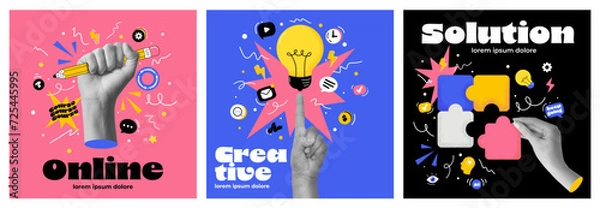 Fototapeta The abstract collage banner for an art school or Online education. The halftone hand and splash ellements, modern design. Social media template. Vector illustration