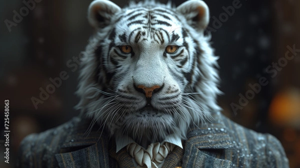 Fototapeta The white tiger in a Suit full body. smart and handsome and look solemn. background in the office room.