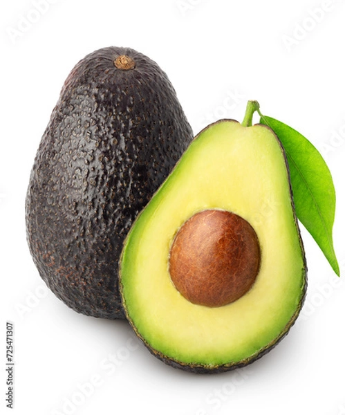 Obraz Isolated avocados. Whole and cut in half of black avocado fruits isolated on white background with clipping path
