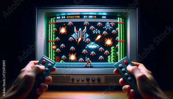 Obraz Retro TV Set Displaying 8-bit Arcade Video Game: Nostalgic Shooter Experience with Pixelated Graphics