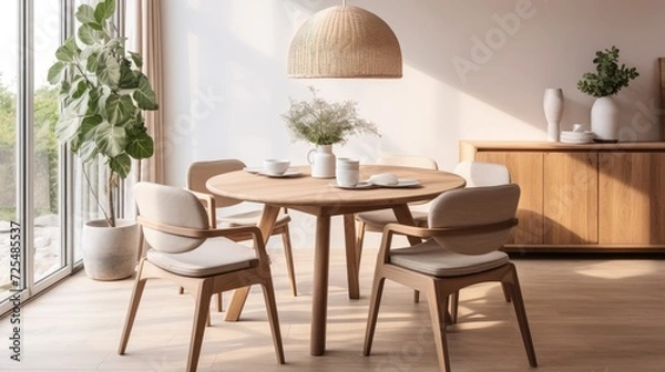 Fototapeta Beige chairs at rustic round wood dining table. Japandi minimalist style home interior design of modern living room
