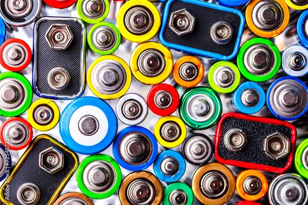 Fototapeta Energy abstract background of colorful batteries.Old used batteries ready for recycling.Used batteries from different manufacturers, waste, collection and recycling,Alkaline battery aa size.