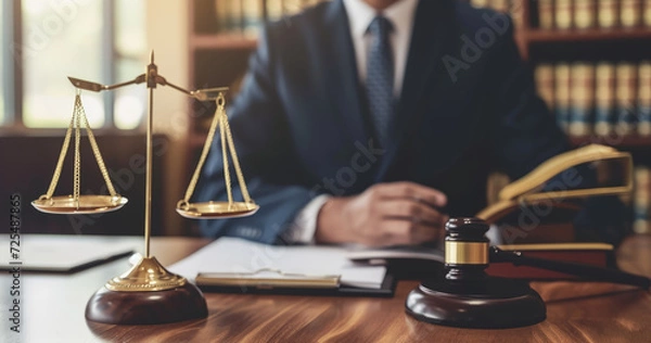 Fototapeta lawyer working in a law firm. In the foreground is a statue of scales, the symbol of justice. The lawyer is working in the background...