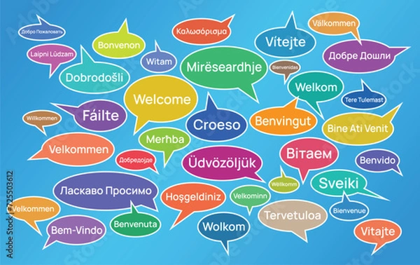 Fototapeta Colorful vector illustration with the word Welcome translated into European languages on a blue background