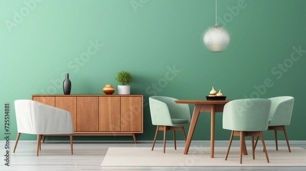 Fototapeta Mint color chairs at round wooden dining table in room with sofa and cabinet near green wall