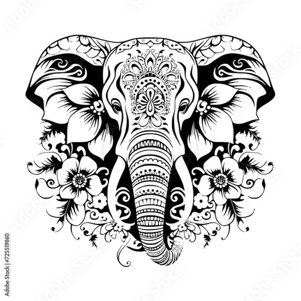 Obraz elephant svg, elephant png, elephant vector, mandala line art, mandala art, clipart, eps, vector, silhouette, vector, flower, floral, design, illustration, pattern, art, tattoo, black, decoration