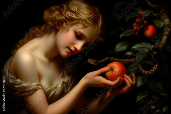 Obraz The critical moment in Eden with Eve reaching for the forbidden fruit, under the serpent's sly gaze, as paradise stands on the cusp of change.