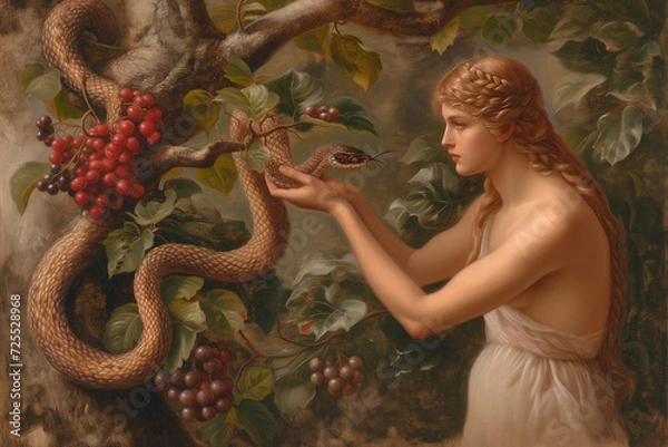 Fototapeta The critical moment in Eden with Eve reaching for the forbidden fruit, under the serpent's sly gaze, as paradise stands on the cusp of change.