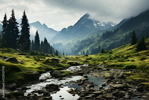 Obraz landscape with mountains, forest and a river in front. generated AI