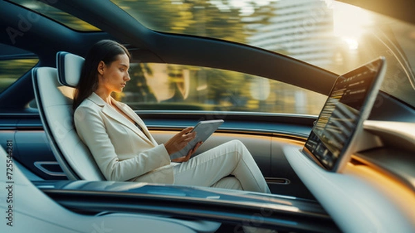 Fototapeta professional-looking woman sitting comfortably in the back seat of a luxury unmanned taxi with a modern interior. She is working with a tablet while driving.