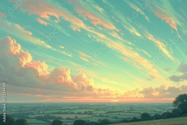 Fototapeta Landscape painting of rolling hills in the countryside with a beautiful sunset and clouds