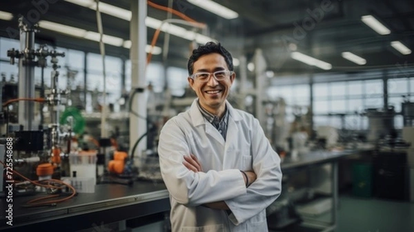 Fototapeta Chemical engineer in modern lab smile shows excitement for innovation