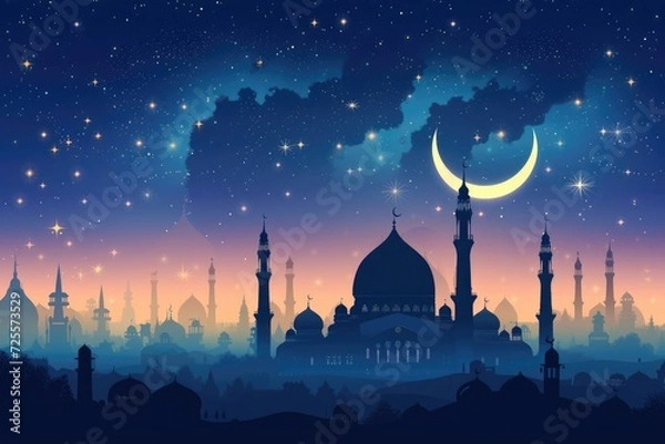 Obraz A beautiful silhouette of a mosque and Mesmerizing night view of a mosque under starry sky and bright moon. Perfect for Ramadan, Eid, or Islamic religious themed designs.