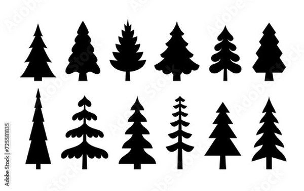 Fototapeta Pine tree silhouettes set. Christmas trees of different shapes icon collection. Wood and forest symbol.