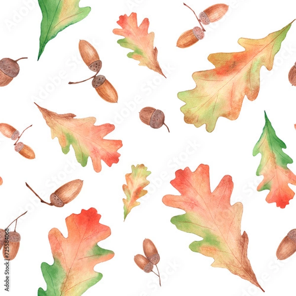Obraz Watercolor seamless pattern with acorns and oak leaves. Illustration for printing on textile products and packaging.
