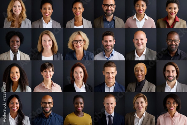 Fototapeta Collage of portraits of an ethnically diverse and mixed age group of business professionals smiling to camera.