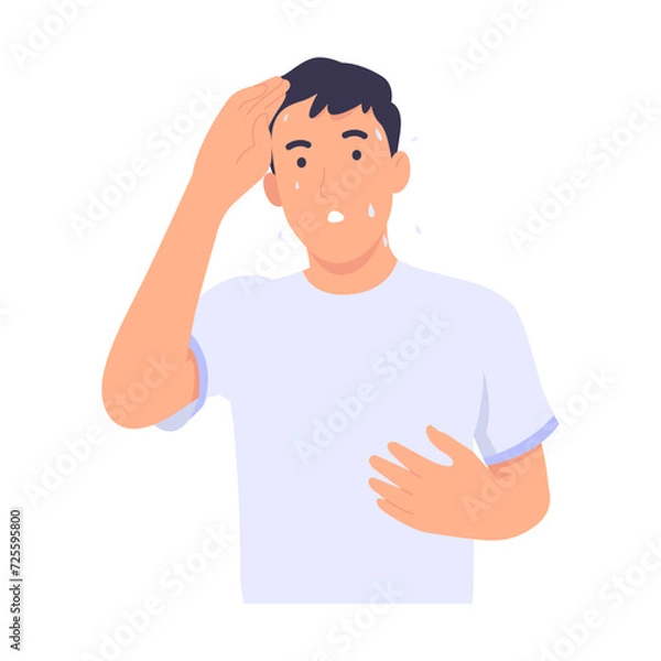 Fototapeta Shy man sweats and feels nervous when speaking in front of a public audience. Guy wiping sweat from face Because of the hot and sunny weather during the summer. Flat design