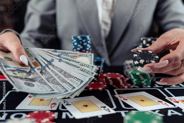 Obraz Successful female player count dollar banknotes after winning poker game at casino