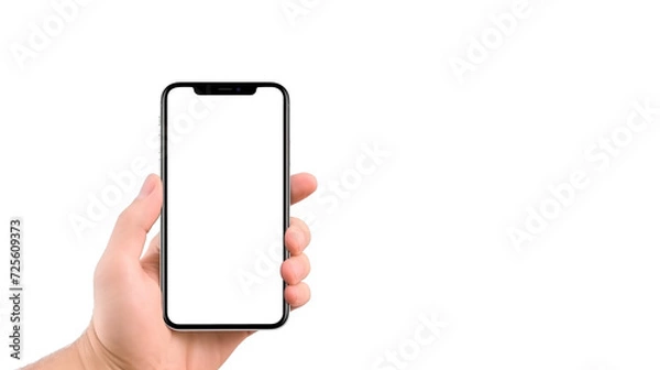Obraz View fornt a hand holding smart phone with blank screen, isolated on transparent background. mock up smartphone.	