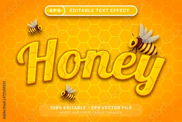 Fototapeta honey 3d text effect and editable text effect with honey bee illustration