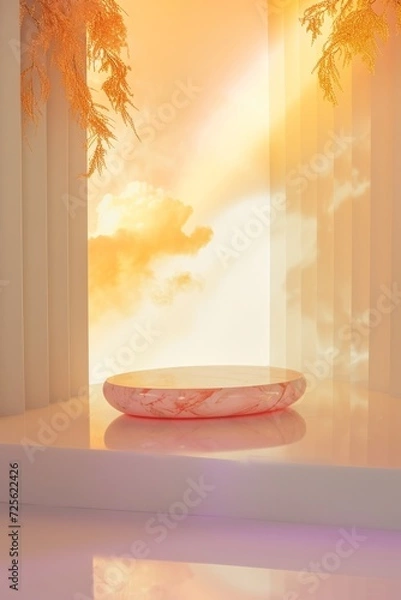 Fototapeta Warm golden hour light casting on marbled podium, ideal for product display with a tranquil sunrise backdrop