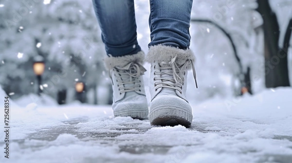 Obraz  Close-up photo of winter boots on a snowy sidewalk