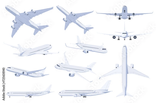 Fototapeta Airplanes in different angles on a white background. Passenger and cargo air transport. Fast intercity flight. Vector illustration