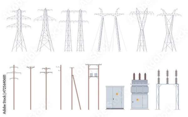 Fototapeta Power lines. High voltage cables, hanging wires, supports. Power transmission lines that deliver energy. Vector illustration