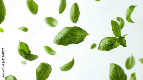 Fototapeta Generative AI : Green basil leaves flying on white background. Fresh levitating leaves isolate