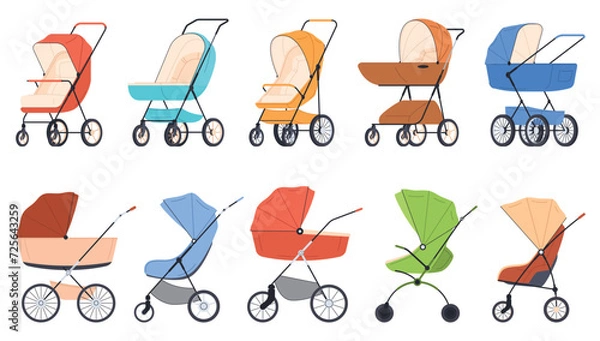Fototapeta Set of strollers, prams, pushchairs. Childs carts, infants transports for walking, different design types. Empty baby carriages, wheeled cradles. Vector illustrations