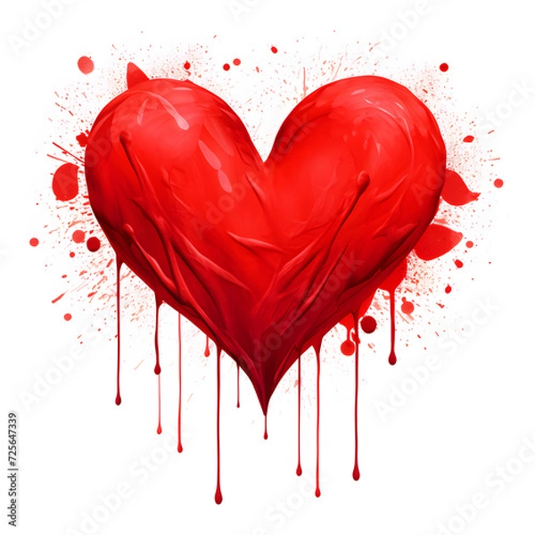 Fototapeta A crimson heart weeps vibrant tears, paint dripping with raw emotion against stark white.