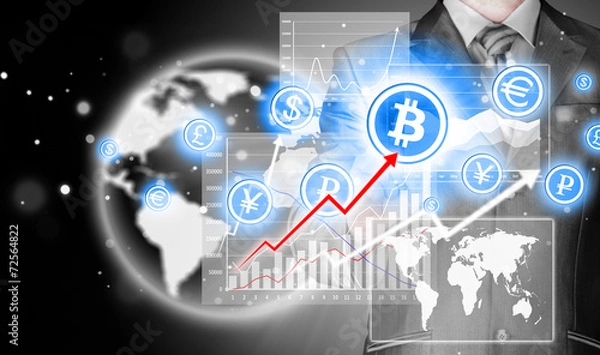 Fototapeta Choosing bitcoins, businessman pressing touch screen button.