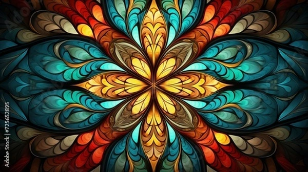 Fototapeta A colorful stained glass window with a orange and blue mandala abstract background