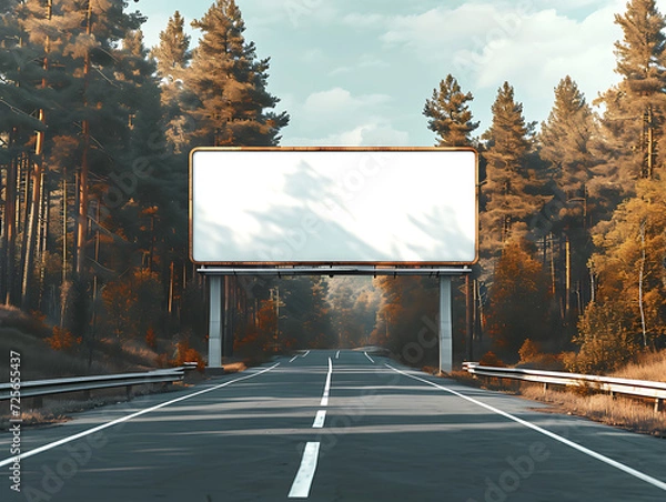 Fototapeta A blank billboard mockup on a road in the middle of a forest in spring, a nature-themed billboard mockup, illuminated by sunlight. Created with Generative AI.