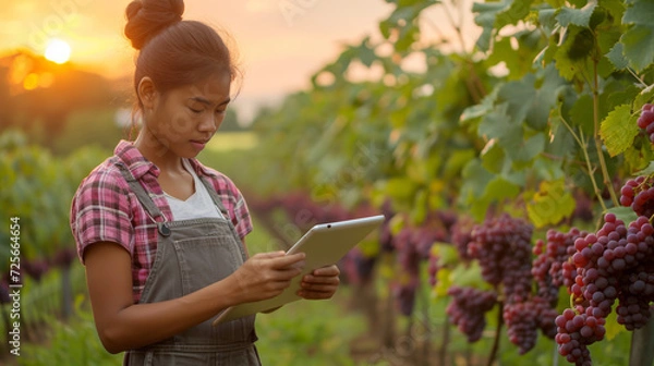 Fototapeta Hispanic woman working in vineyard harvest using modern technology tablet computer connect to online market or examining grape quality, orchard small business farmer entrepreneur female lifestyle