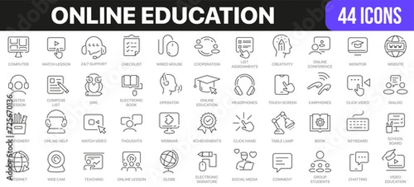 Fototapeta Online education line icons collection. UI icon set in a flat design. Excellent signed icon collection. Thin outline icons pack. Vector illustration EPS10