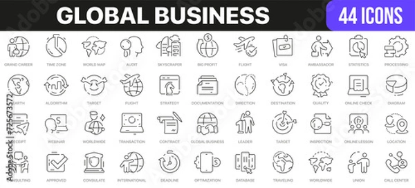 Fototapeta Global business line icons collection. UI icon set in a flat design. Excellent signed icon collection. Thin outline icons pack. Vector illustration EPS10