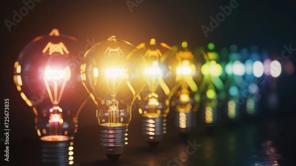 Fototapeta Diversity Illuminated Light Bulbs in a Row Bokeh Effect