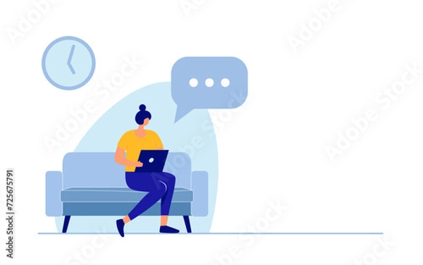 Obraz Young woman sitting on sofa and working on tablet, home office concept. Studying, freelance, modern lifestyle. Trendy flat illustration on white background.