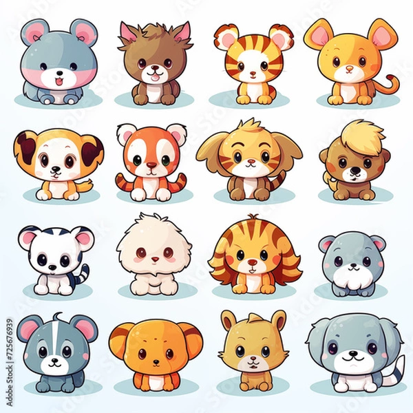 Fototapeta Draw many cute animals in a 2 years old style, sticker