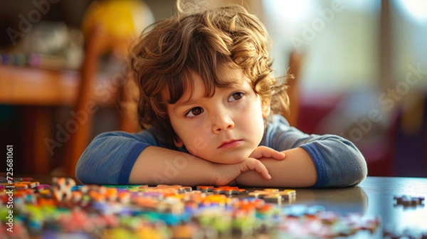 Obraz A brooding lonely boy is sitting at a desk with a mountain of pieces of colored puzzles. Behavior of children with autism syndrome