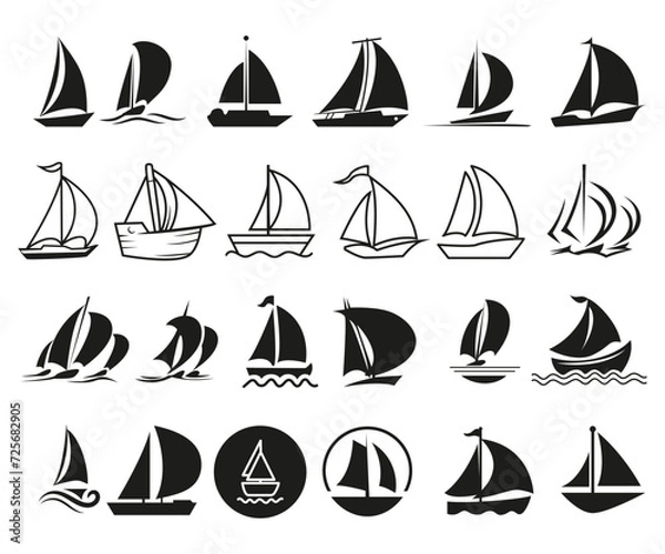 Fototapeta Set of boats setting sail in the sea sailboat silhouettes vector illustration