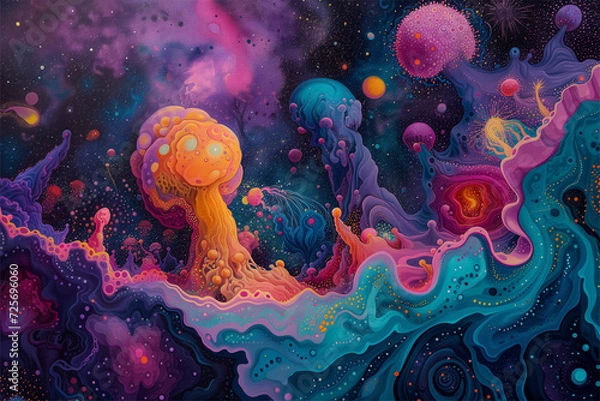 Fototapeta Dive into a surreal dreamscape, a vibrant journey echoing the psychedelic experiences of LSD and DMT.