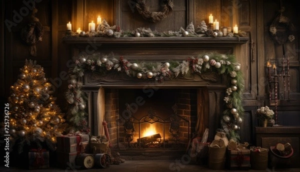 Fototapeta Fireplace With Christmas Tree