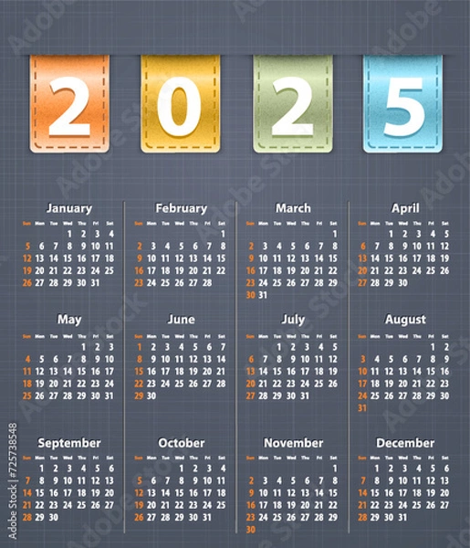 Fototapeta Stylish calendar for 2025 on linen texture with color leather insertions. Business objecct. Vector illustration
