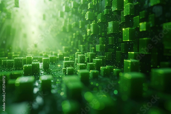 Fototapeta Abstract image of neon green matrix-like digital lines representing network technology.