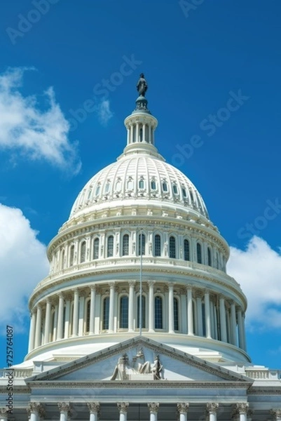 Fototapeta A white building with a clock on top. Can be used to represent time management, punctuality, or a landmark